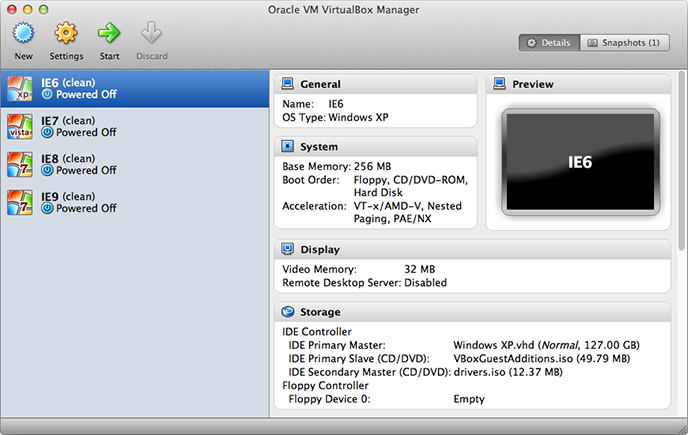 VirtualBox работает на Mac OS X с Internet Explorer с 6 по 9 версии