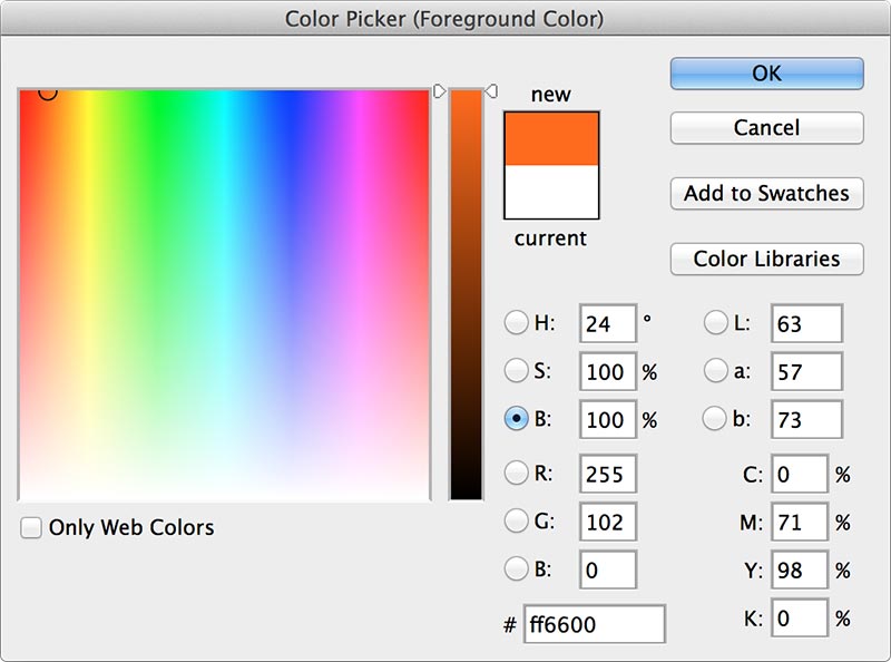 Палитра цветов в Adobe Photoshop показывает шестнадцатеричное значение цвета